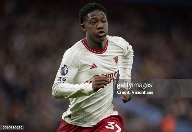 Kobbie Mainoo of Manchester United in action during the Premier League match between Aston Villa and Manchester United at Villa Park on February 11,...