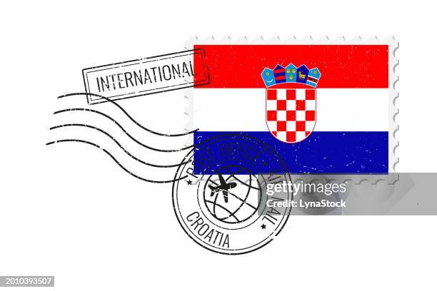 croatia grunge postage stamp. vintage postcard vector illustration with croatian national flag isolated on white background. retro style. - croatia stock illustrations