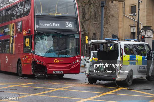 Emergency services attend the scene at Kennington in South London after a police van collided with a bus while answering an emergency call at The...