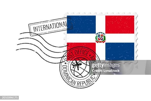 dominican republic grunge postage stamp. vintage postcard vector illustration with dominican republic national flag isolated on white background. retro style. - hispaniola stock illustrations