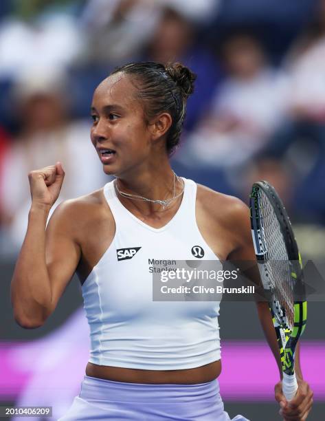 Leylah Fernandez of Canada celebrates match point against Qinwen Zheng of China in their women's singles third round match during the Qatar...