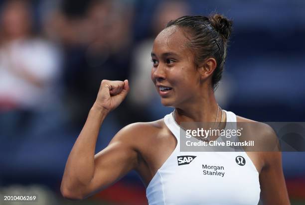 Leylah Fernandez of Canada celebrates match point against Qinwen Zheng of China in their women's singles third round match during the Qatar...