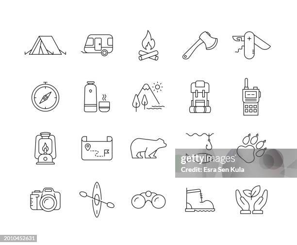 outdoor and camping line icon set with editable stroke - camping campfire stock illustrations