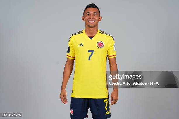 Rafa Acosta of Colombia poses for a photo during the FIFA Beach Soccer World Cup UAE 2024 portrait shoot on February 12, 2024 in Dubai, United Arab...