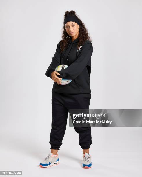 Camilla Buchanan, Head Coach of Saracens Mavericks poses during the Netball Super League Media Day Portrait Session at the Radisson Blu Hotel, East...