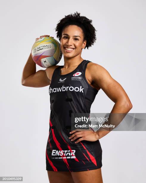 Vicky Oyesola of Saracens Mavericks poses during the Netball Super League Media Day Portrait Session at the Radisson Blu Hotel, East Midlands Airport...