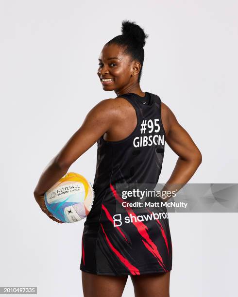 Jodie Gibson of Saracens Mavericks poses during the Netball Super League Media Day Portrait Session at the Radisson Blu Hotel, East Midlands Airport...