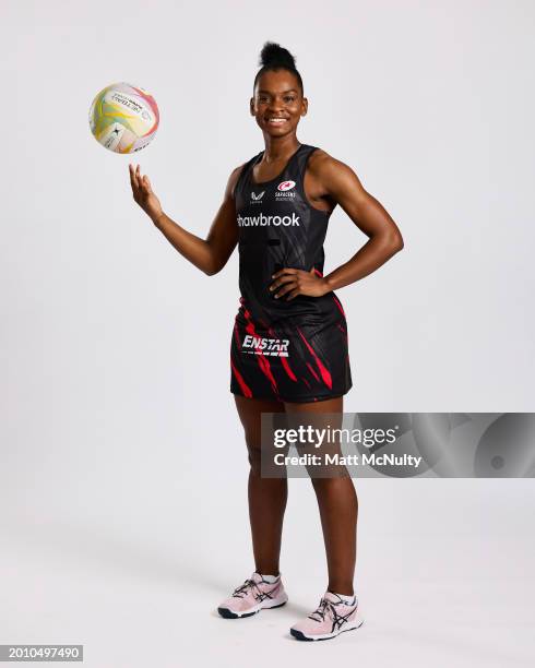 Jodie Gibson of Saracens Mavericks poses during the Netball Super League Media Day Portrait Session at the Radisson Blu Hotel, East Midlands Airport...