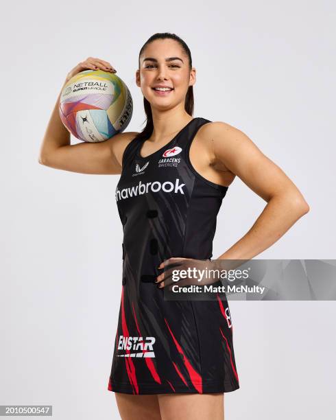 Ellie Rattu of Saracens Mavericks poses during the Netball Super League Media Day Portrait Session at the Radisson Blu Hotel, East Midlands Airport...