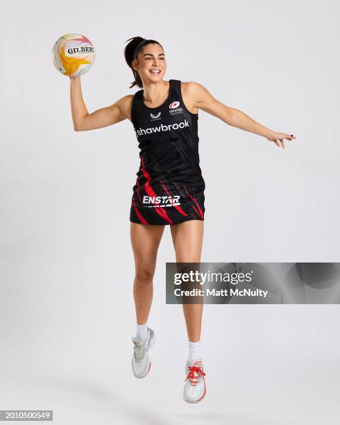 Ellie Rattu of Saracens Mavericks poses during the Netball Super League Media Day Portrait Session at the Radisson Blu Hotel, East Midlands Airport...