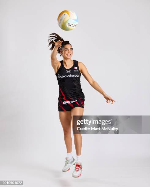 Ellie Rattu of Saracens Mavericks poses during the Netball Super League Media Day Portrait Session at the Radisson Blu Hotel, East Midlands Airport...