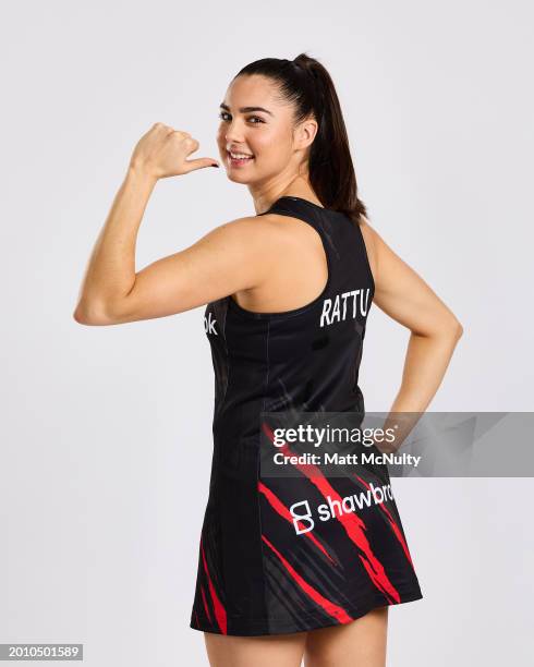 Ellie Rattu of Saracens Mavericks poses during the Netball Super League Media Day Portrait Session at the Radisson Blu Hotel, East Midlands Airport...