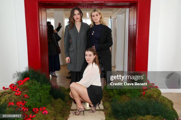 Alice McMillan, Gaia Wise and Honor Swinton Byrne attend the Malone Souliers presentation during London Fashion Week February 2024 on February 17,...