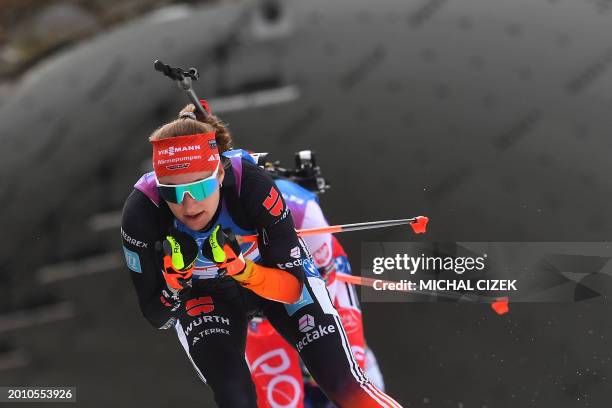 Germany's Janina Hettich competes during the women's 4x6km relay event of the IBU Biathlon World Championships in Nove Mesto, Czech Republic on...