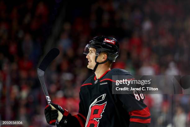 Martin Necas of the Carolina Hurricanes celebrates with his team following his goal during the first period of the game against the Colorado...