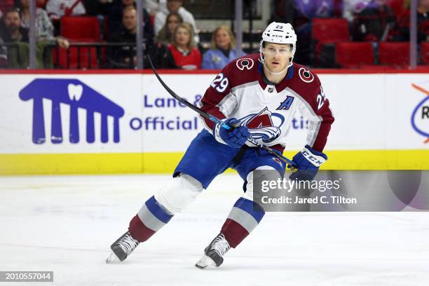 Nathan MacKinnon of the Colorado Avalanche skates during the first period of the game against the Carolina Hurricanes at PNC Arena on February 08,...