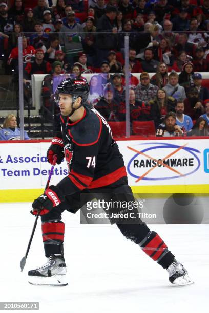 Jaccob Slavin of the Carolina Hurricanes skates during the first period of the game against the Colorado Avalanche at PNC Arena on February 08, 2024...
