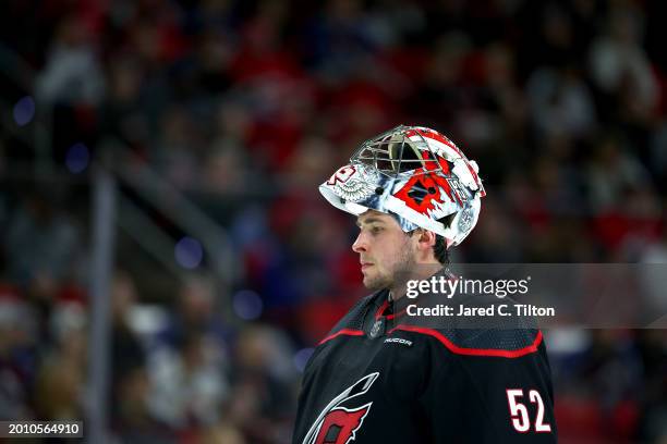 Pyotr Kochetkov of the Carolina Hurricanes looks on during the first period of the game against the Colorado Avalanche at PNC Arena on February 08,...