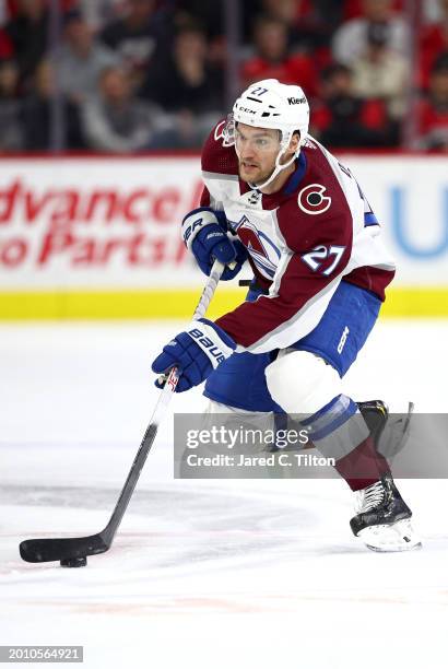 Jonathan Drouin of the Colorado Avalanche skates with the puck during the first period of the game against the Carolina Hurricanes at PNC Arena on...