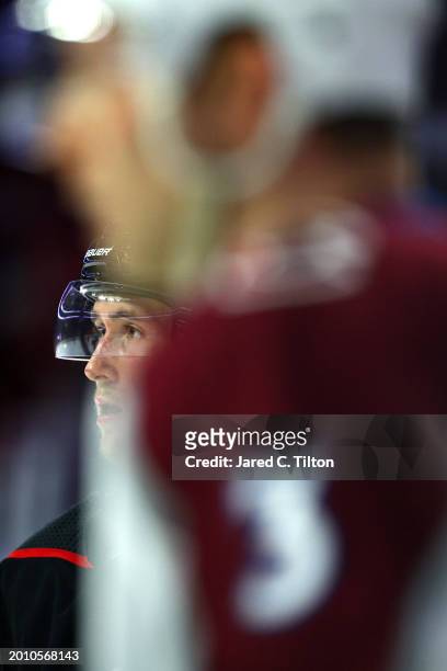 Martin Necas of the Carolina Hurricanes looks on during the second period of the game against the Colorado Avalanche at PNC Arena on February 08,...