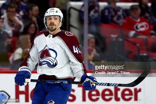 Samuel Girard of the Colorado Avalanche looks on during the second period of the game against the Carolina Hurricanes at PNC Arena on February 08,...