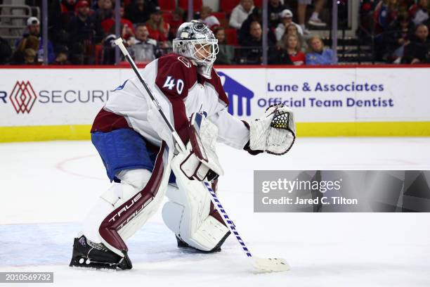 Alexandar Georgiev of the Colorado Avalanche protects the net during the second period of the game against the Carolina Hurricanes at PNC Arena on...