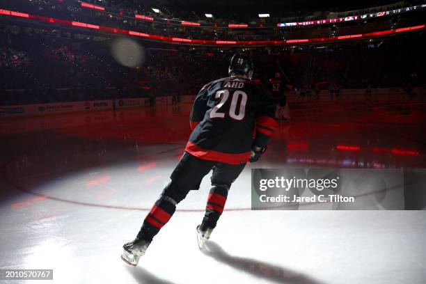 Sebastian Aho of the Carolina Hurricanes takes the ice prior to the third period of the game against the Colorado Avalanche at PNC Arena on February...