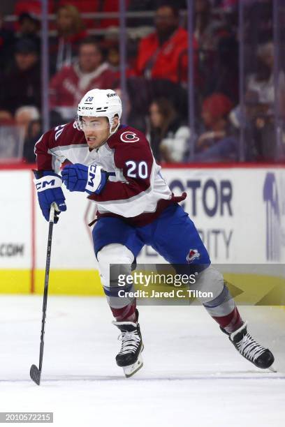 Ross Colton of the Colorado Avalanche skates during the third period of the game against the Carolina Hurricanes at PNC Arena on February 08, 2024 in...