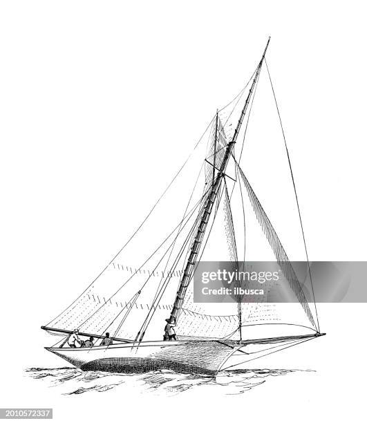 sport and pastimes in 1889: sailing boat, "eurybia" - sailboat racing stock illustrations