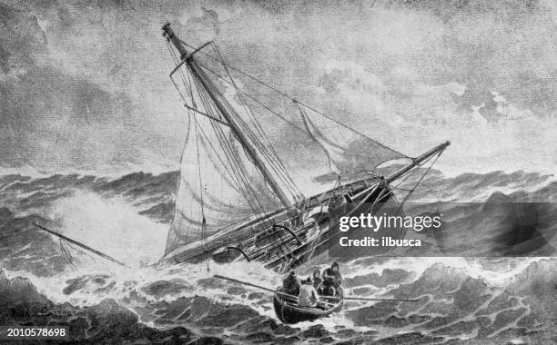 illustrations, cliparts, dessins animés et icônes de sport et loisirs en 1889 : voilier, « mignonette » - épave de bateau