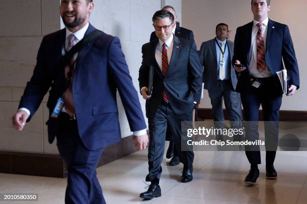 Speaker of the House Mike Johnson arrives for a news conference at the U.S. Capitol Visitors Center on February 14, 2024 in Washington, DC. After...