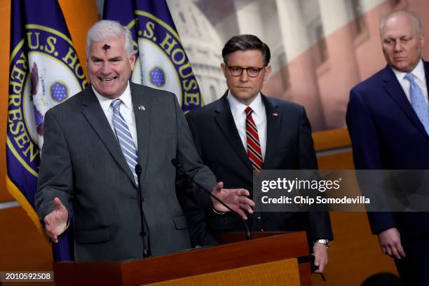 House Majority Whip Tom Emmer , Speaker of the House Mike Johnson and Majority Leader Steve Scalise talk to reporters during a news conference at the...