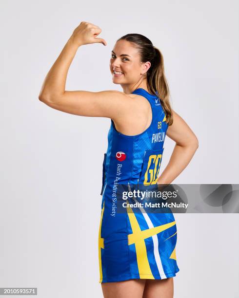 Tash Pavelin of Team Bath poses during the Netball Super League Media Day Portrait Session at the Radisson Blu Hotel, East Midlands Airport on...