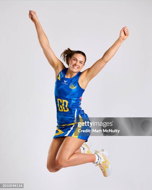 Tash Pavelin of Team Bath poses during the Netball Super League Media Day Portrait Session at the Radisson Blu Hotel, East Midlands Airport on...