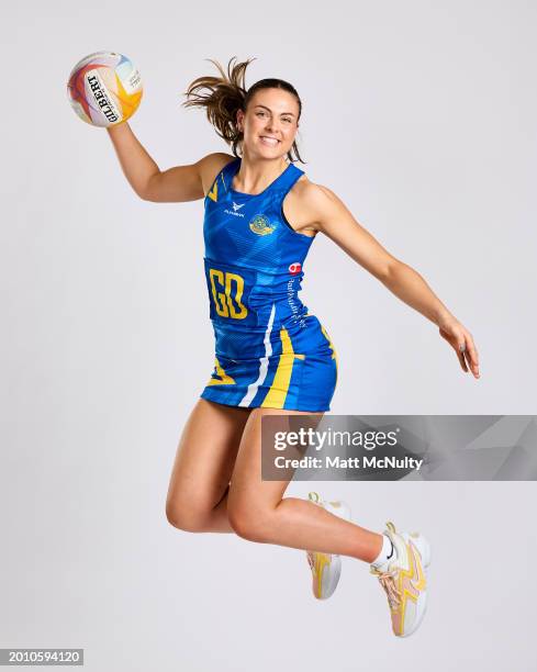 Tash Pavelin of Team Bath poses during the Netball Super League Media Day Portrait Session at the Radisson Blu Hotel, East Midlands Airport on...