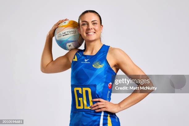 Tash Pavelin of Team Bath poses during the Netball Super League Media Day Portrait Session at the Radisson Blu Hotel, East Midlands Airport on...