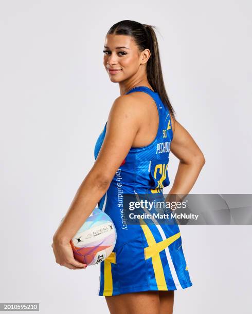 Jayda Pechova of Team Bath poses during the Netball Super League Media Day Portrait Session at the Radisson Blu Hotel, East Midlands Airport on...