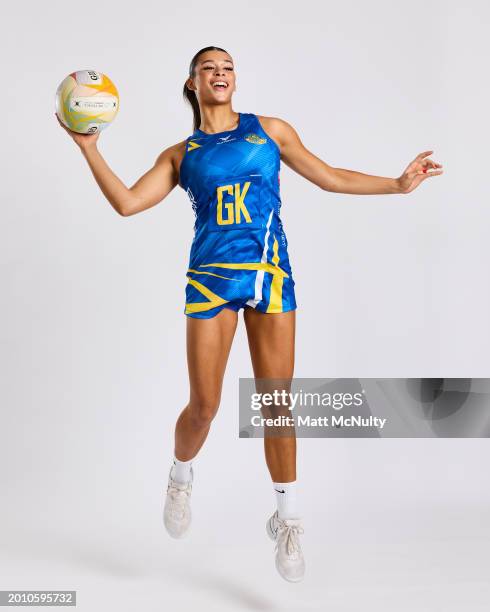 Jayda Pechova of Team Bath poses during the Netball Super League Media Day Portrait Session at the Radisson Blu Hotel, East Midlands Airport on...