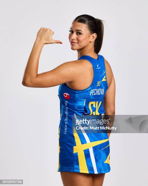 Jayda Pechova of Team Bath poses during the Netball Super League Media Day Portrait Session at the Radisson Blu Hotel, East Midlands Airport on...