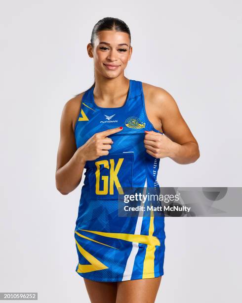 Jayda Pechova of Team Bath poses during the Netball Super League Media Day Portrait Session at the Radisson Blu Hotel, East Midlands Airport on...