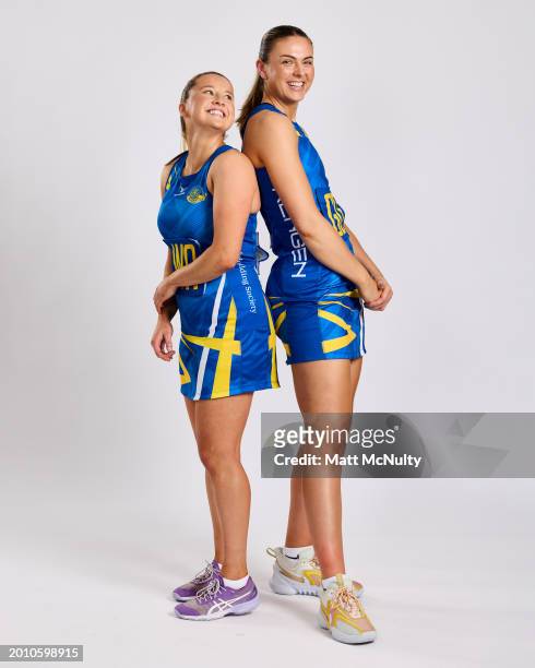 Bethan Dyke and Tash Pavelin of Team Bath pose during the Netball Super League Media Day Portrait Session at the Radisson Blu Hotel, East Midlands...