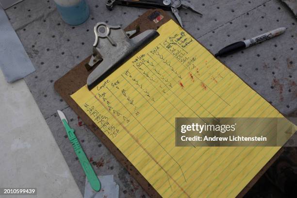 Detail view of a biologist Clipboard from the United States Department of Agriculture with details of hunted Coyotes during the last Coyote hunt...