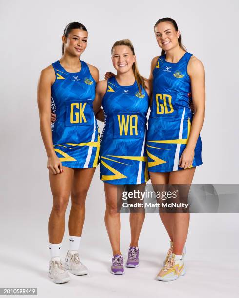 Jayda Pechova, Bethan Dyke and Tash Pavelin of Team Bath pose during the Netball Super League Media Day Portrait Session at the Radisson Blu Hotel,...
