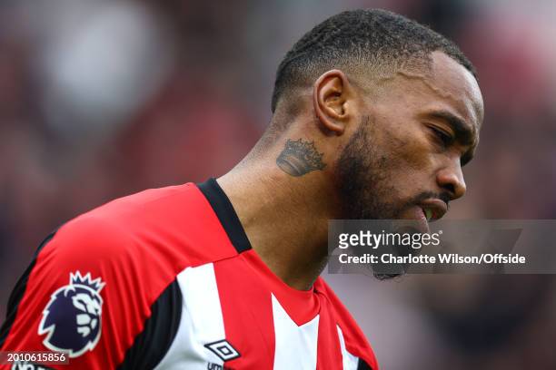 Detailed view of a crown tattoo on the neck of Ivan Toney of Brentford during the Premier League match between Brentford FC and Liverpool FC at Gtech...