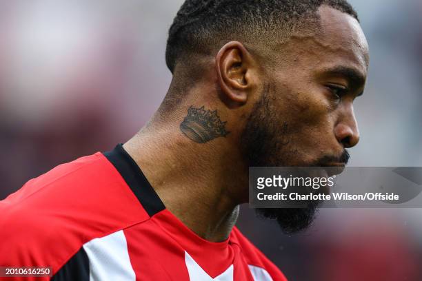 Detailed view of a crown tattoo on the neck of Ivan Toney of Brentford during the Premier League match between Brentford FC and Liverpool FC at Gtech...