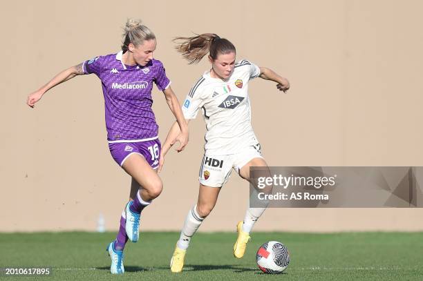 Emilie Haavi of AS Roma in action during the match between ACF Fiorentina v AS Roma - Women Serie A at Viola Park on February 17, 2024 in Florence,...