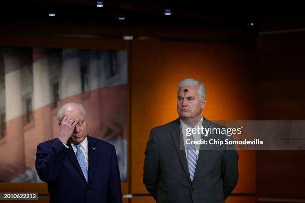 House Majority Leader Steve Scalise and Majority Whip Tom Emmer hold a news conference at the U.S. Capitol Visitors Center on February 14, 2024 in...