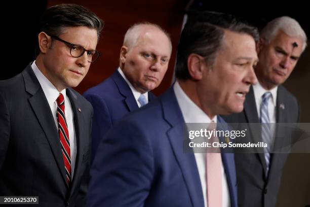 Speaker of the House Mike Johnson , Majority Leader Steve Scalise , Rep. Ronnie Jackson and House Majority Whip Tom Emmer talk to reporters during a...