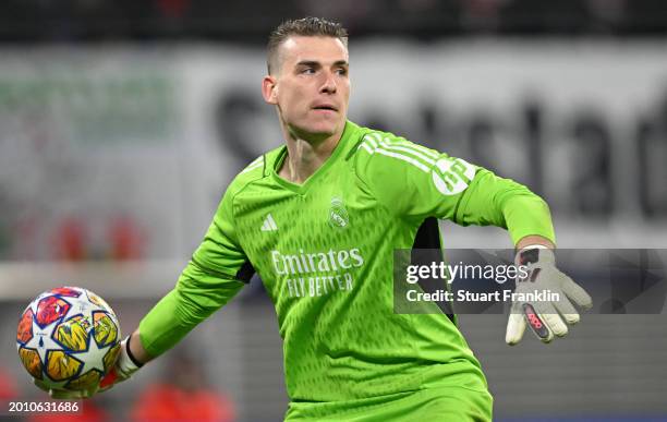 Andriy Lunin of Real Madrid in action during the UEFA Champions League 2023/24 round of 16 first leg match between RB Leipzig and Real Madrid CF at...