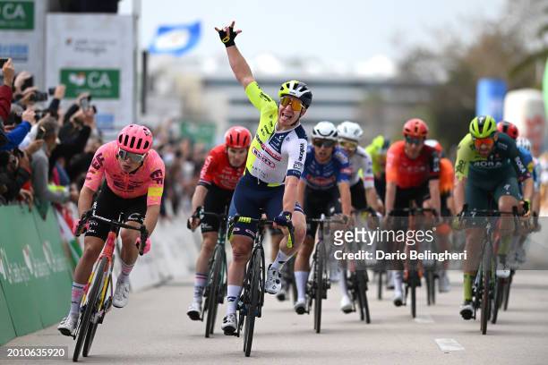 Gerben Thijssen of Belgium and Team Intermarché - Wanty celebrates at finish line as stage winner ahead of Marijn van den Berg of The Netherlands...